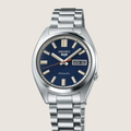Seiko 5 Sports SNXS SRPK87K1, blue sunburst dial and steel bracelet, on a plain bone background