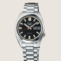 Seiko 5 Sports SNXS SRPK89K1, black sunburst dial and steel bracelet, on a plain bone background