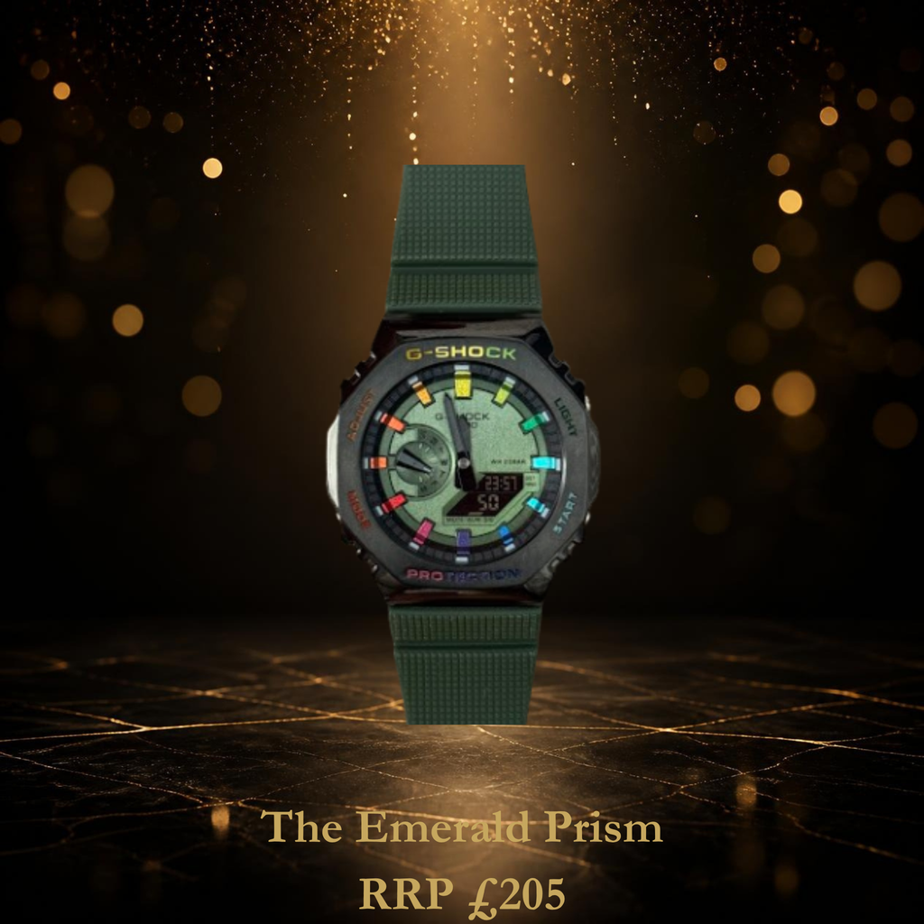 ABA Custom Build 'Emerald Prism' — sage green dial with rainbow markers on a Casio GA-2100 base, front view