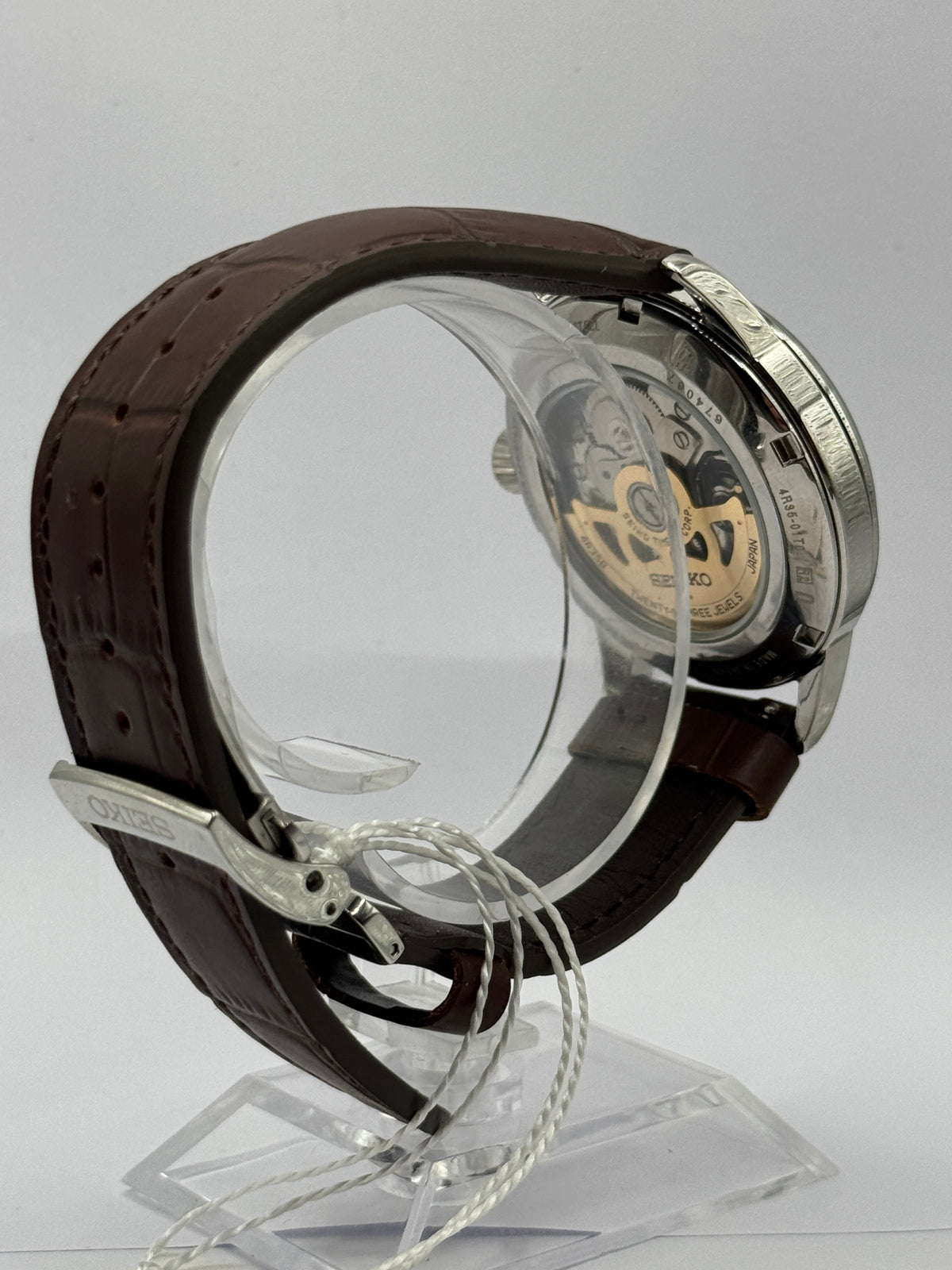 Seiko Presage Midnight Blue Moon SRPK15J1, brown leather strap and caseback