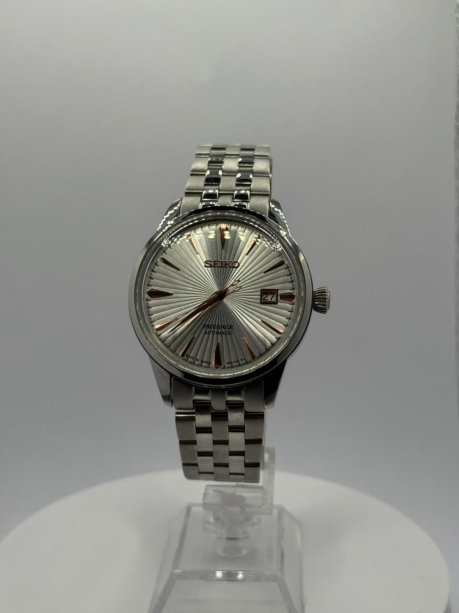 Seiko Presage Cocktail Time, silver sunburst dial, rose gold hands, steel bracelet, view 2