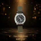 ABA Custom Build 'Onyx Field' — black dial with olive field strap on a Casio GA-2100 base, front view