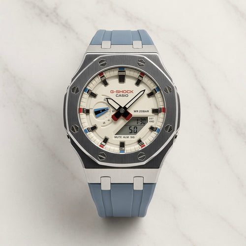 G-Shock watch with a blue strap on a white background