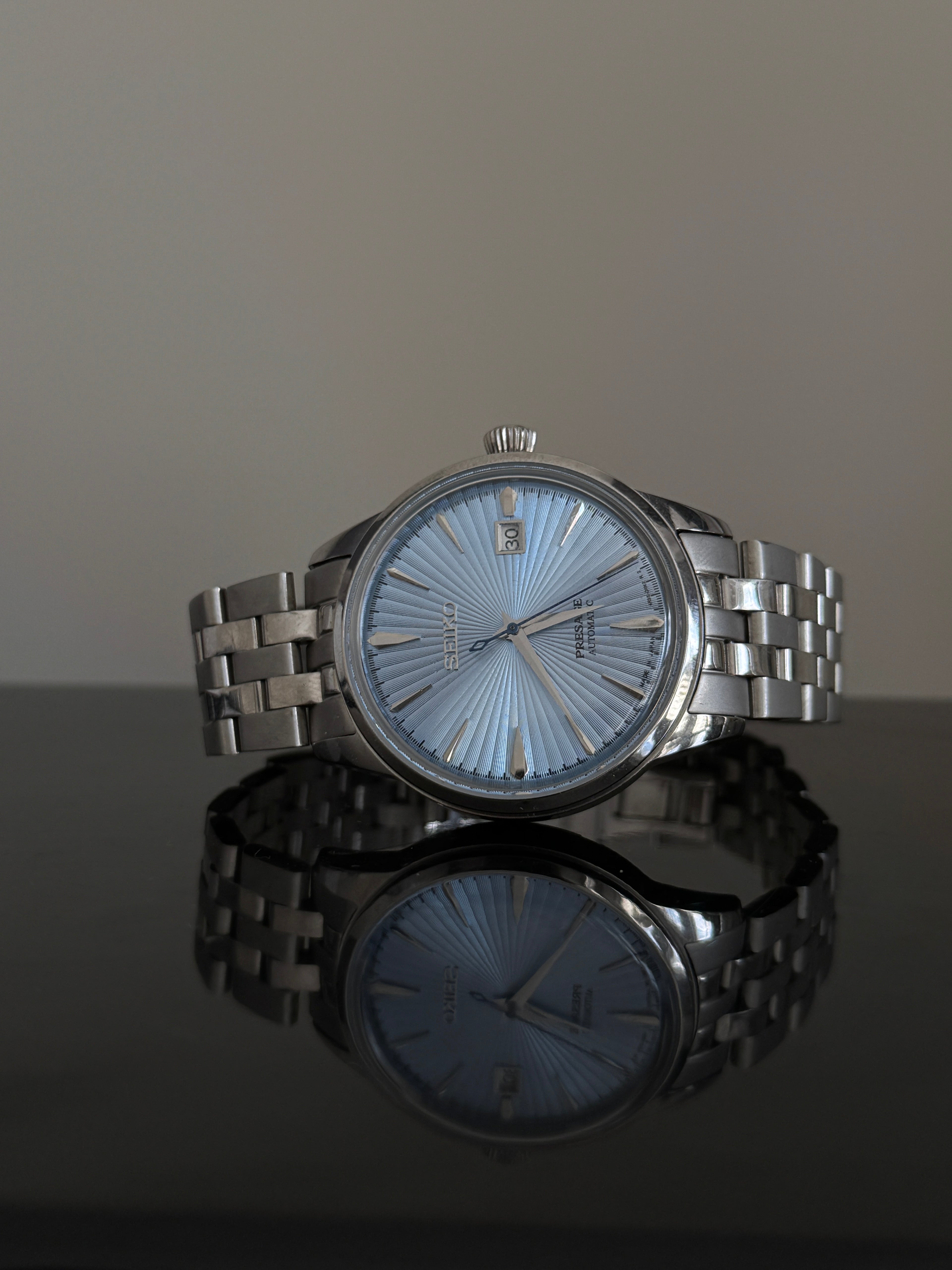 Seiko Presage 'Skydiving' SSK037J1 — ice blue sunburst dial, stainless steel bracelet, front view