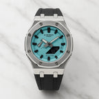 ABA Custom G-SHOCK CasiOak, electric blue waffle dial, 316L steel octagonal case, black rubber strap