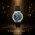 ABA Custom Build 'Sapphire Steel' — blue textured dial in a brushed steel case on a Casio GA-2100 base, front view