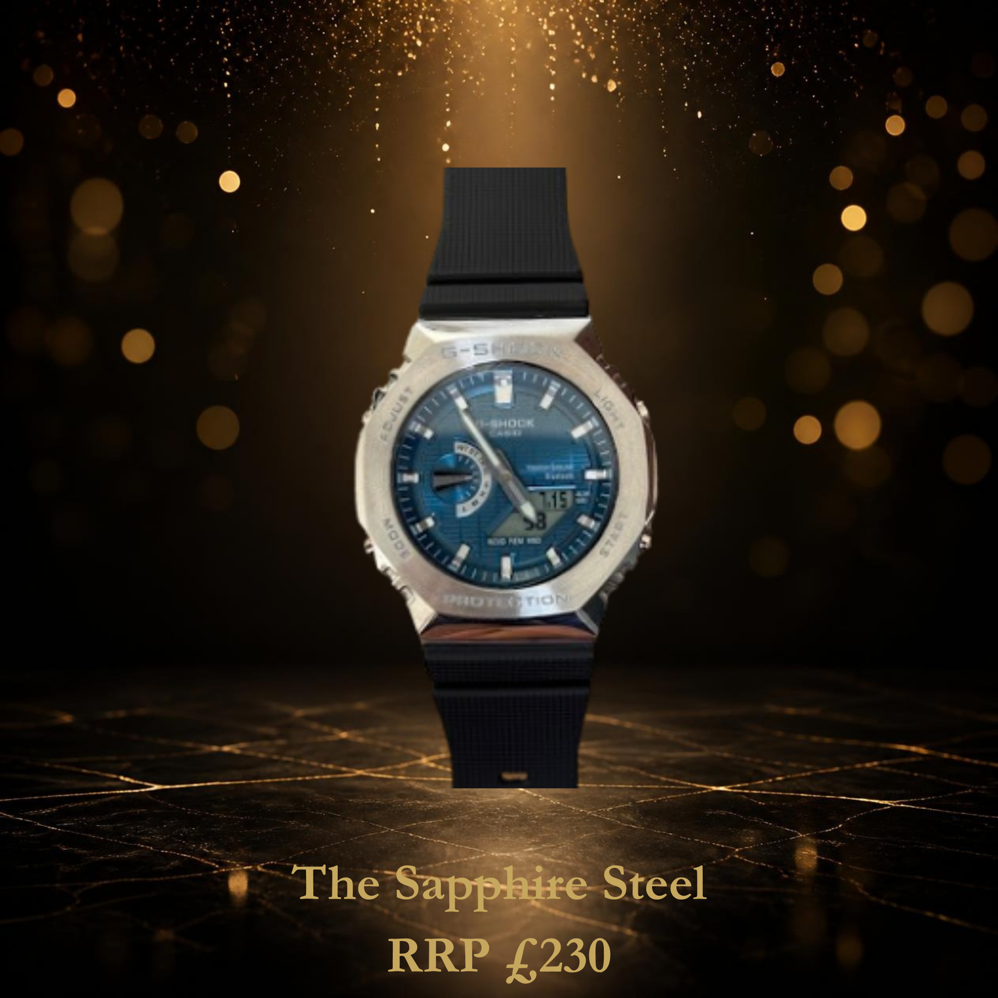 ABA Custom Build 'Sapphire Steel' — blue textured dial in a brushed steel case on a Casio GA-2100 base, front view