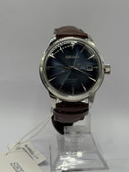 Seiko Presage Midnight Blue Moon SRPK15J1, blue sunburst dial and brown leather strap - front view