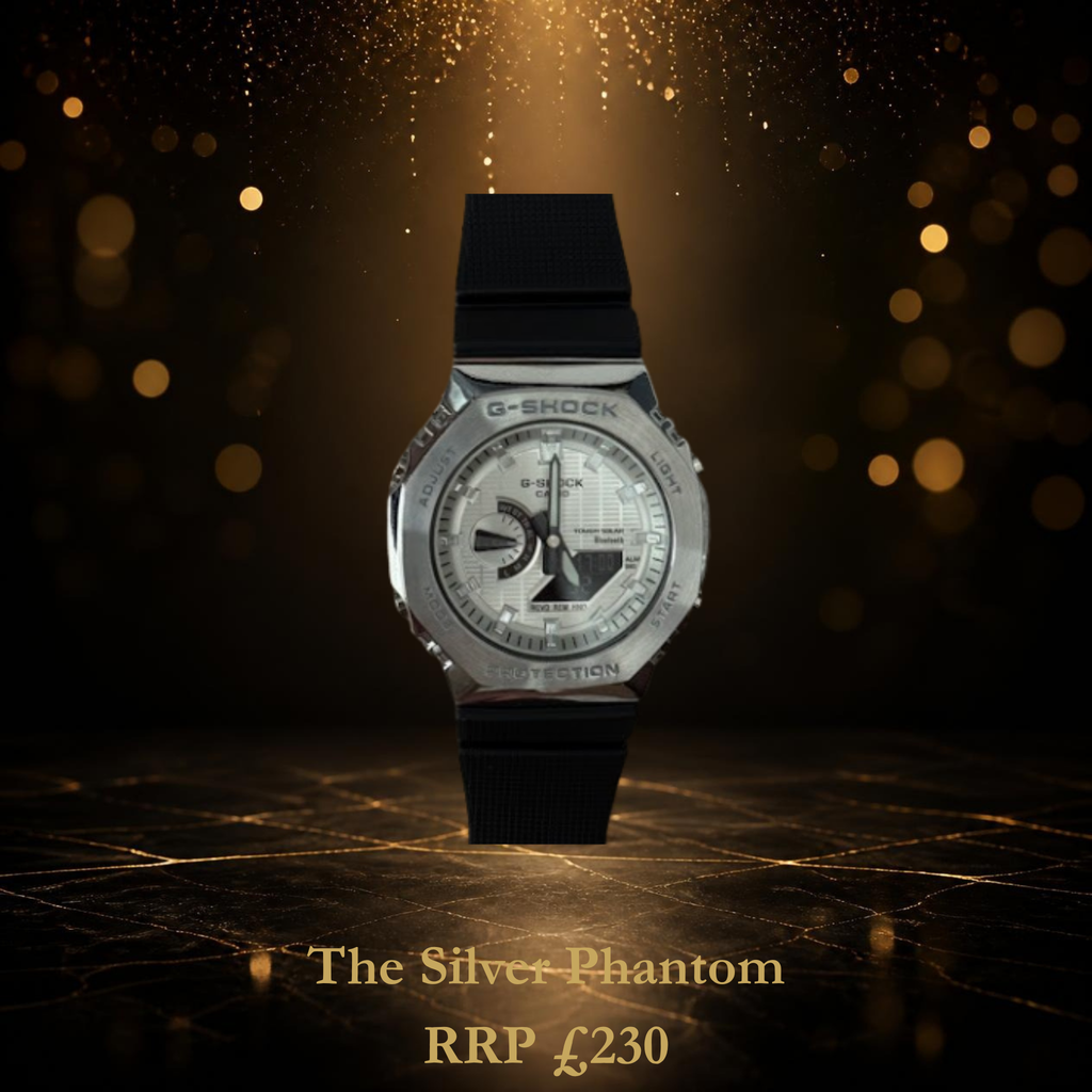 ABA Custom Build 'Silver Phantom' — full steel monochrome finish on a Casio GA-2100 base, front view