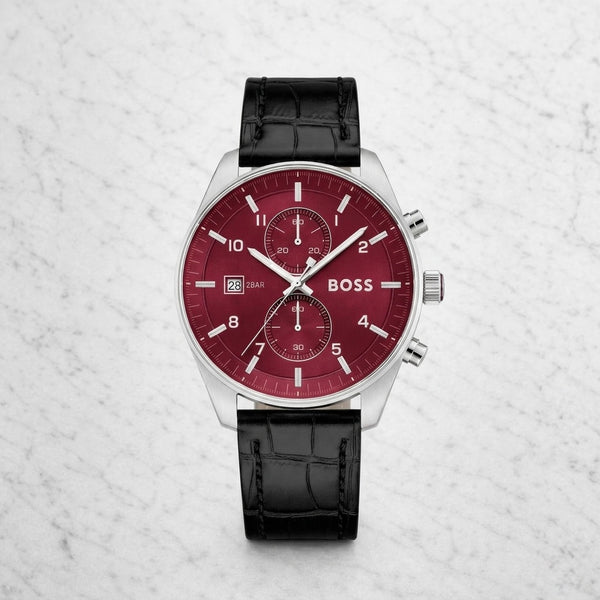 BOSS Skytraveller Chronograph | Deep Purple Dial & Black Croc-Effect Leather (1514193)