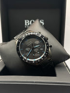 Hugo BOSS Trophy 1513675, black ion-plated chronograph dial, close-up