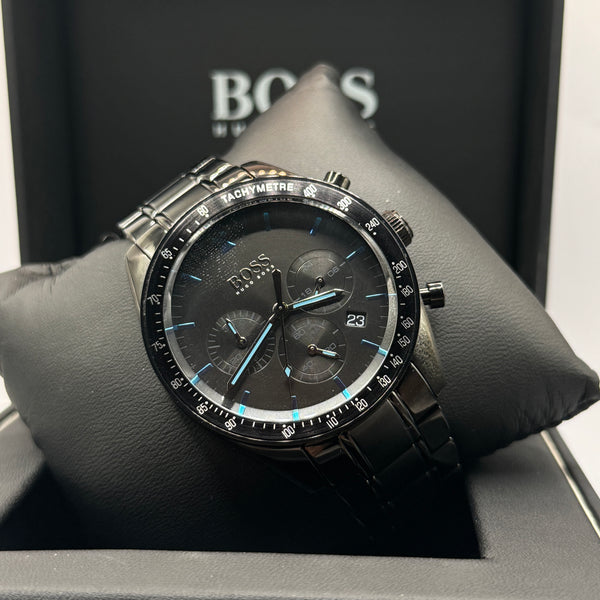 Genuine Hugo BOSS Trophy Chronograph | Black Steel & Electric Blue Accents (1513675)