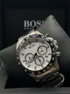 Hugo BOSS Ikon 1512964, white panda dial with black sub-dials, close-up