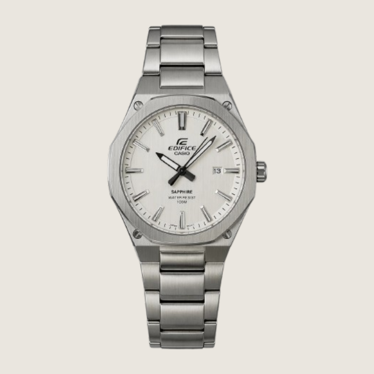 Casio Edifice EFR-S108D-7AVUEF with Arctic White linear-brushed dial, octagonal steel bezel and integrated steel bracelet, on a plain bone background