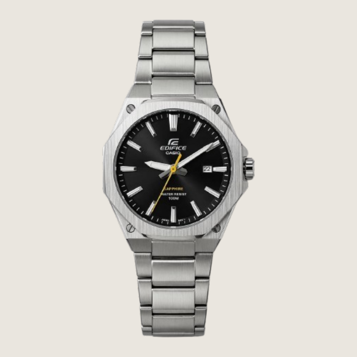 Casio Edifice EFR-S108D-1AVUEF with onyx black dial, yellow seconds hand, octagonal steel bezel and integrated steel bracelet, on a plain bone background