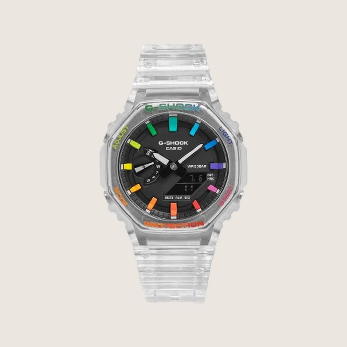 ABA Custom Build Rainbow Skeleton, full clear Casio GA-2100 case and strap with rainbow hour markers, on a plain bone background