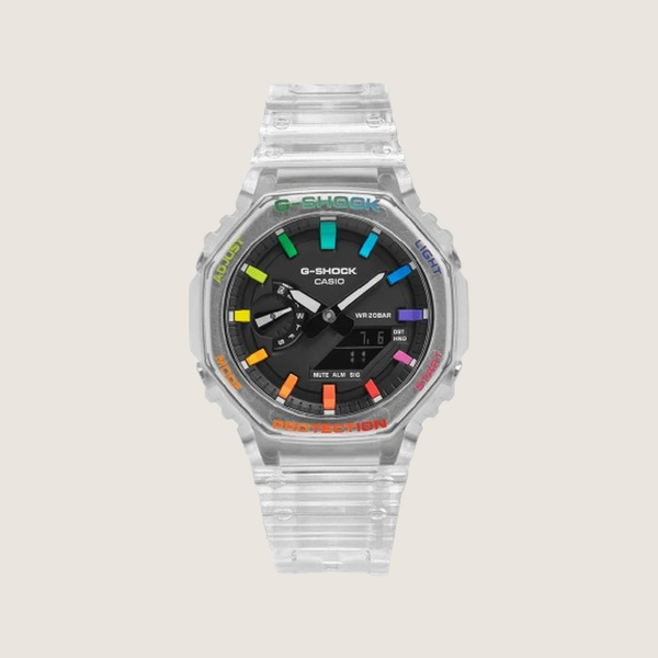 ABA Custom Build Rainbow Skeleton, full clear Casio GA-2100 case and strap with rainbow hour markers, on a plain bone background