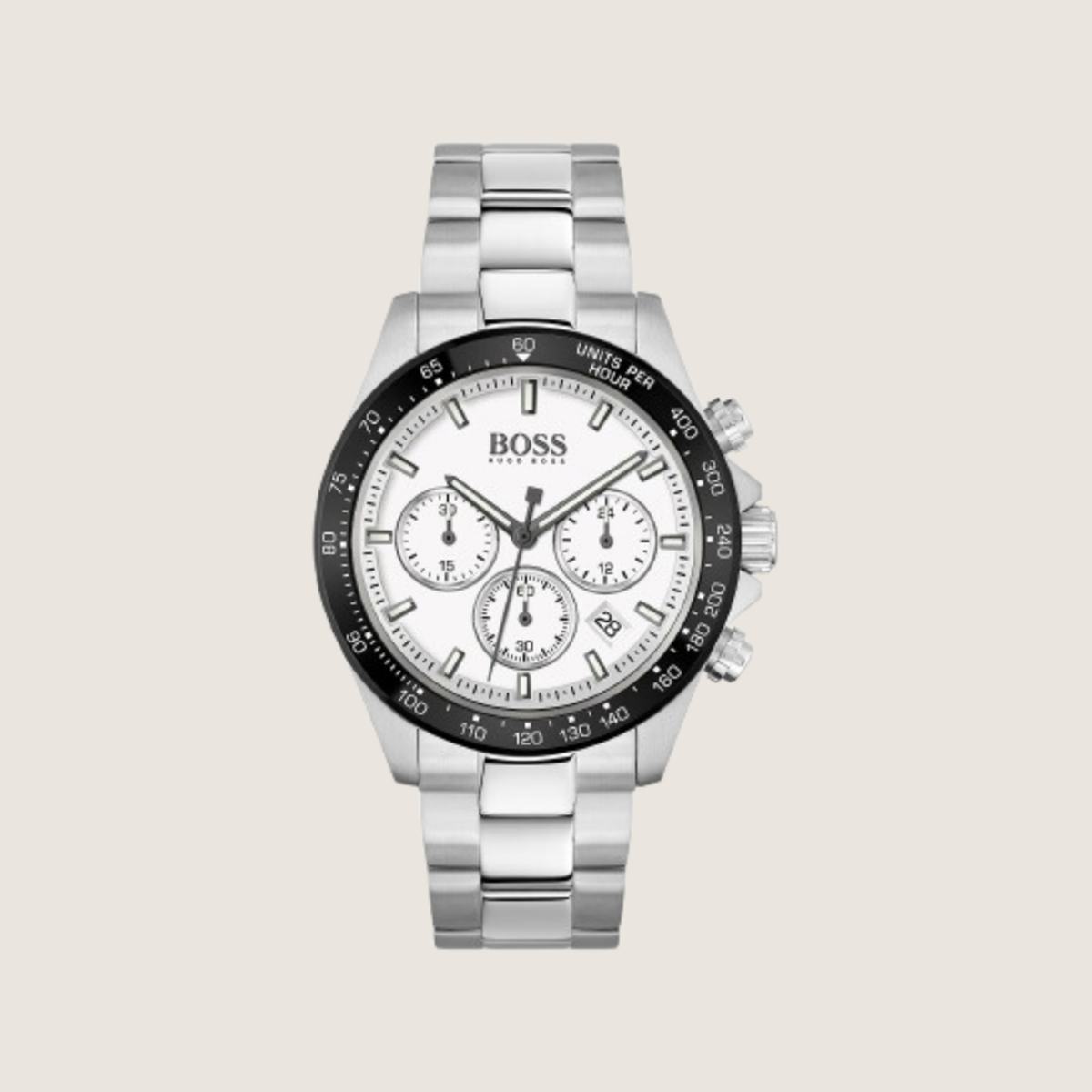 Hugo BOSS Ikon Chronograph with panda dial and black tachymeter bezel on a steel bracelet, on a plain bone background