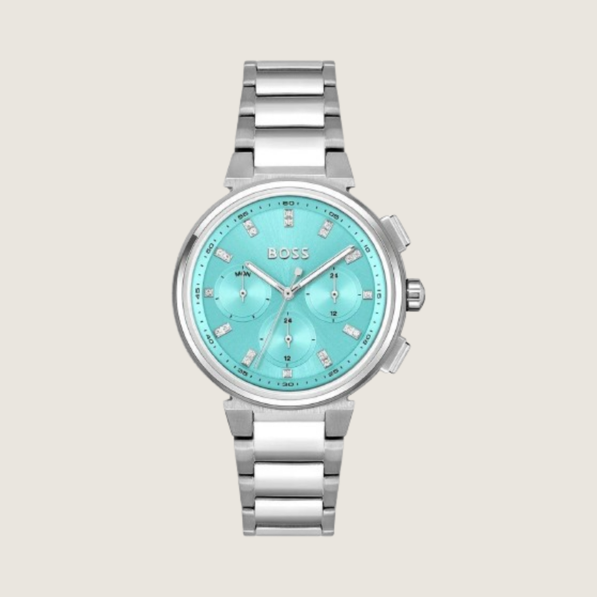 Hugo BOSS Signature Chronograph with ice blue dial and crystal hour markers on a steel bracelet, on a plain bone background