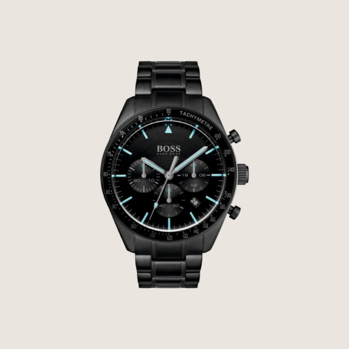 Hugo BOSS Trophy Chronograph, black steel case and bracelet with electric blue accents, shown against a plain bone background