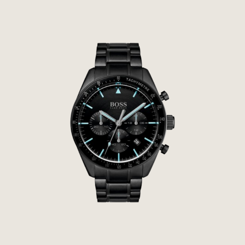 Hugo BOSS Trophy Chronograph, black steel case and bracelet with electric blue accents, shown against a plain bone background