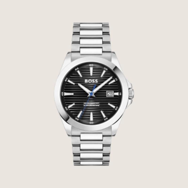 Hugo BOSS Strike 1513903, jet black linear dial with blue seconds hand on a stainless steel bracelet, on a plain bone background