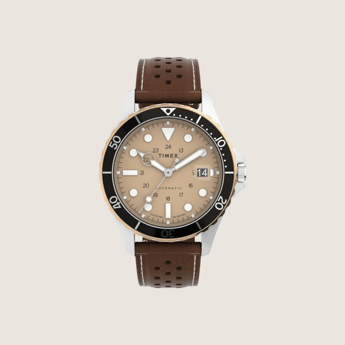 Timex Navi XL automatic with tan dial, black and rose-gold bezel and brown perforated leather strap, on a plain bone background