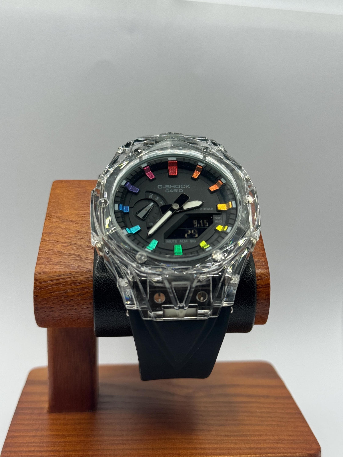 ABA custom G-Shock CasiOak, black dial with rainbow indices, clear case