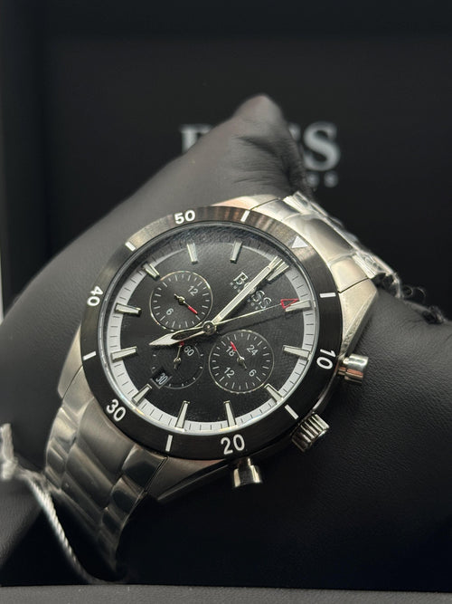 Hugo Boss steel chronograph, black dial with red second hand