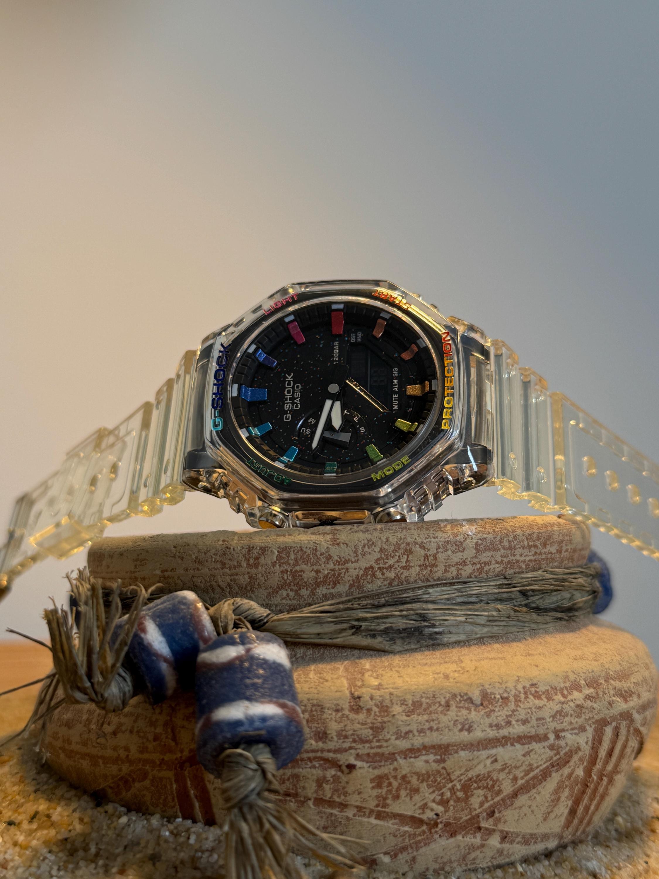 ABA custom clear G-Shock CasiOak, rainbow dial, skeleton case