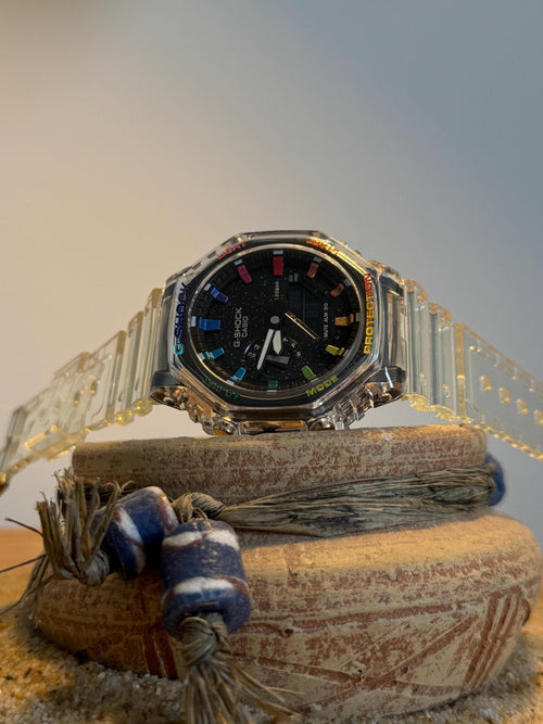 ABA custom clear G-Shock CasiOak, rainbow dial, skeleton case