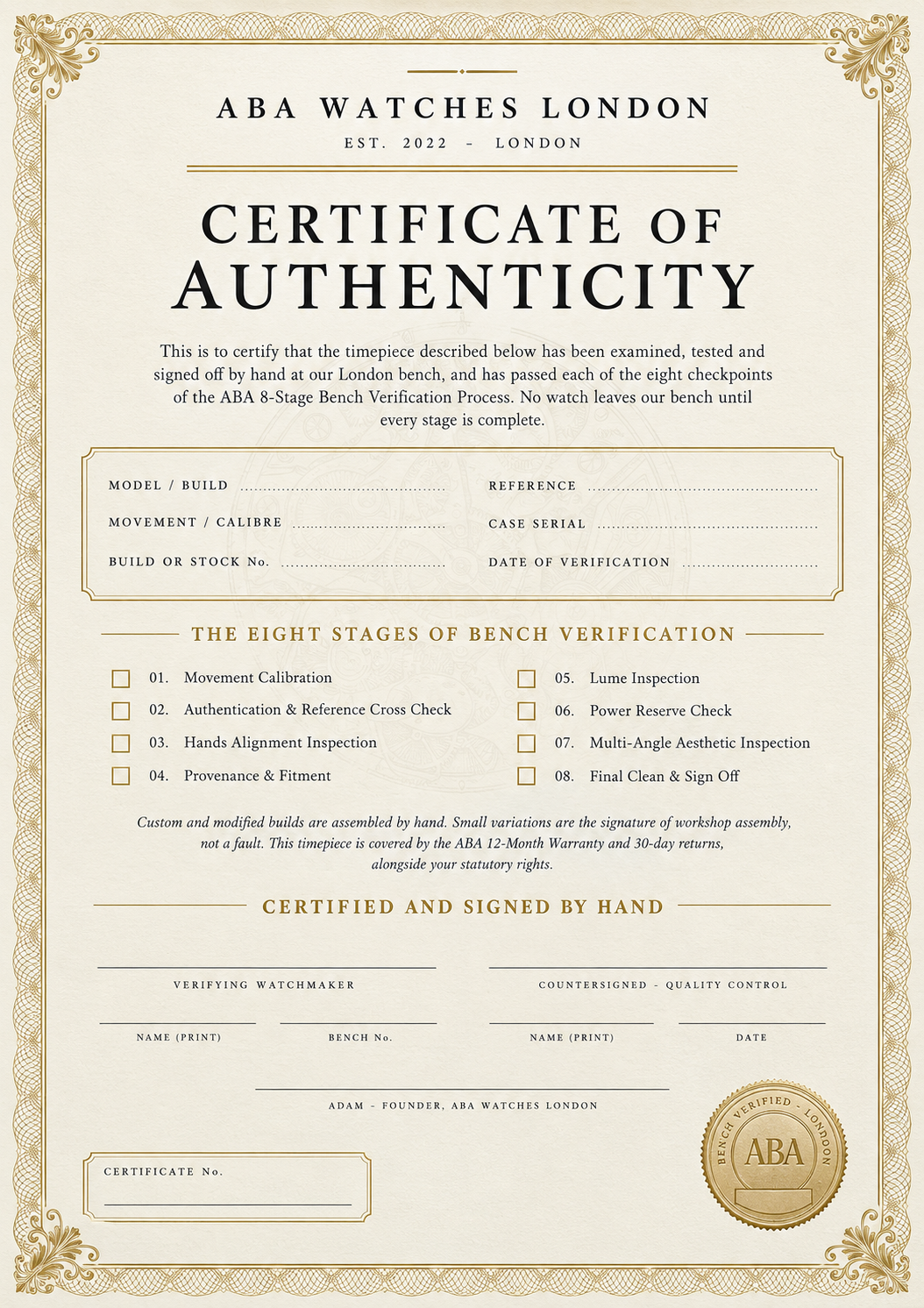ABA Watches London Certificate of Authenticity - 8-Stage Bench Verification