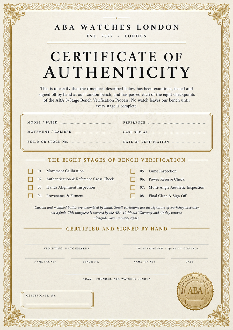 ABA Watches London Certificate of Authenticity - 8-Stage Bench Verification
