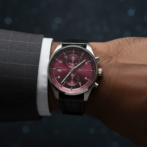 BOSS Skytraveller Chronograph | Deep Purple Dial & Black Croc-Effect Leather (1514193)