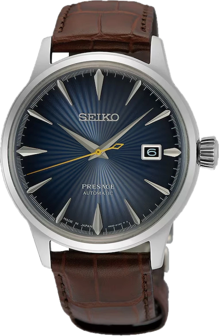 Seiko Presage automatic watch with a blue sunburst dial and brown leather strap